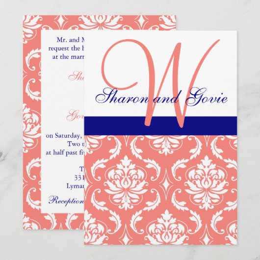 Coral Damask Navy Monogram Weddenschap Kaart (Voorkant / Achterkant)