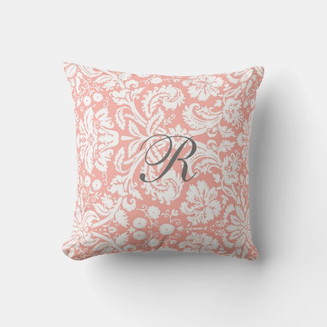 Coral Damask Pattern Monogram Pillow Kussen (Voorkant)