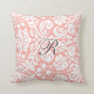 Coral Damask Pattern Monogram Pillow Kussen