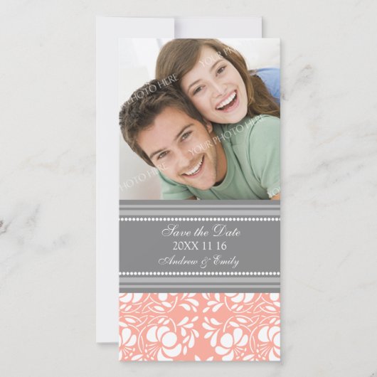 Coral Damask Save the Date Huwelijksfotokaarten (Voorkant)