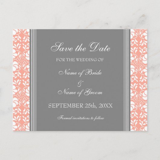 Coral Damask Save the Date Wedding Briefkaarten (Voorkant)