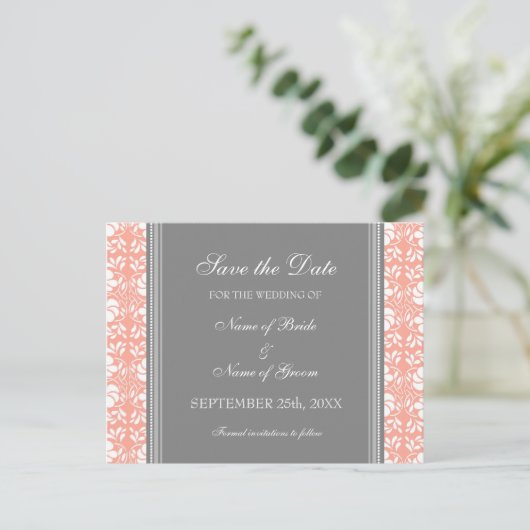 Coral Damask Save the Date Wedding Briefkaarten (Staand voorkant)