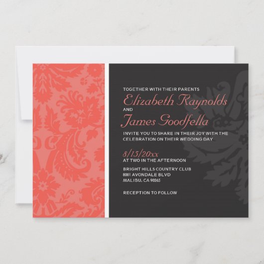 Coral Damask Wedding Invitations Kaart (Voorkant)