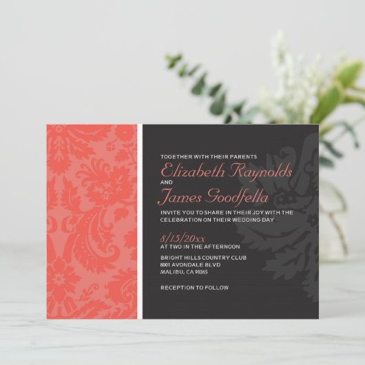 Coral Damask Wedding Invitations Kaart (Staand voorkant)