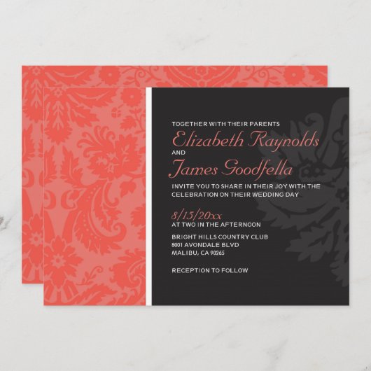 Coral Damask Wedding Invitations Kaart (Voorkant / Achterkant)