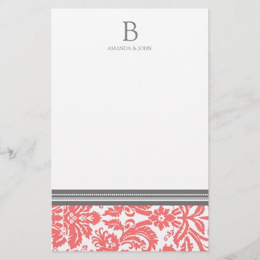 Coral Damask Wedding Monogram Stationery Briefpapier (Voorkant)