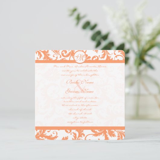 Coral Damask Wedding Uitnodiging (Staand voorkant)