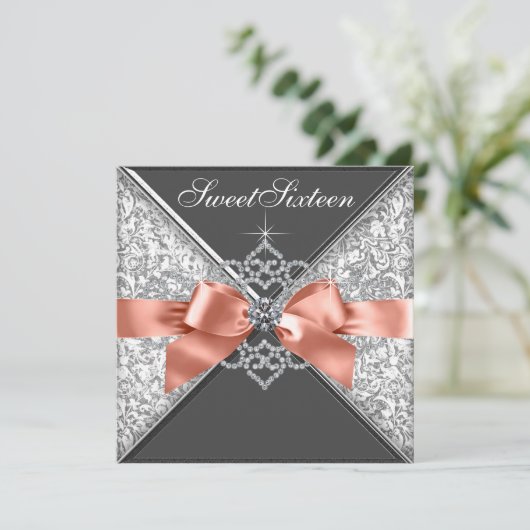 Coral Diamond Sweet 16 verjaardagsfeestuitnodiging Kaart (Staand voorkant)