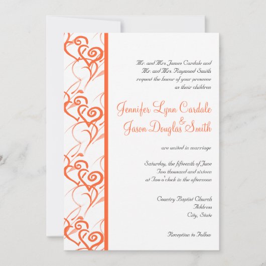 Coral Double Hearts Swirls Wedding Invitting Kaart (Voorkant)