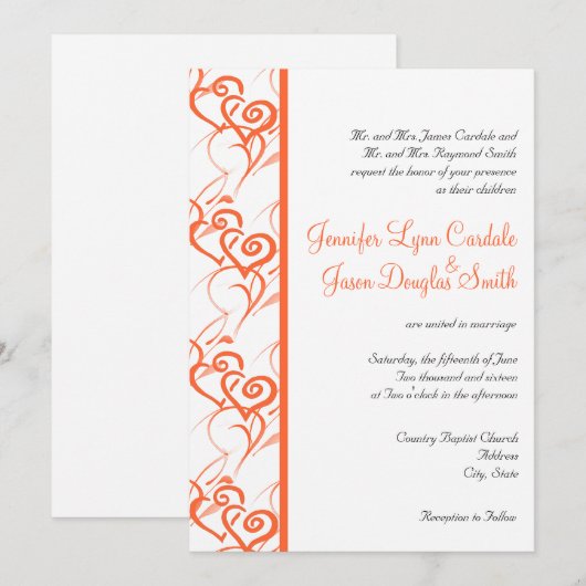 Coral Double Hearts Swirls Wedding Invitting Kaart (Voorkant / Achterkant)