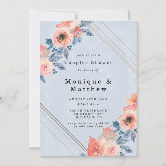 Coral Dusty Blue Geometric Couples Shower Invites (Voorkant)