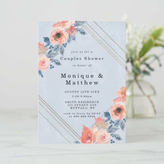Coral Dusty Blue Geometric Couples Shower Invites (Staand voorkant)