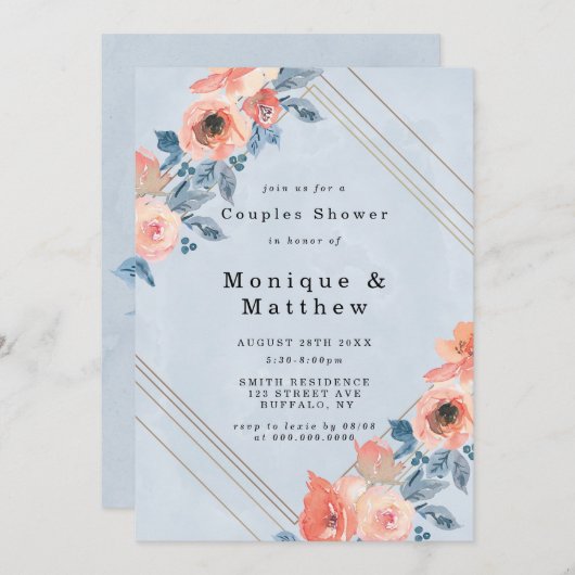 Coral Dusty Blue Geometric Couples Shower Invites (Voorkant / Achterkant)