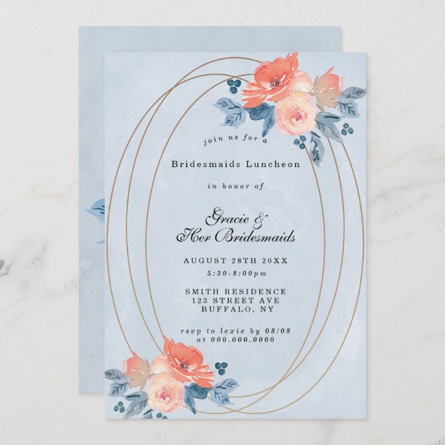 Coral Dusty Blue Gold Bridesmaids Luncheon Invites (Voorkant / Achterkant)