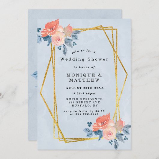Coral Dusty Blue Gold Floral Wedding Shower (Voorkant / Achterkant)