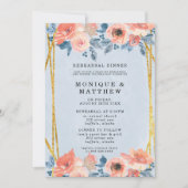 Coral Dusty Blue Gold Peony Rehearsal Dinner Kaart (Voorkant)