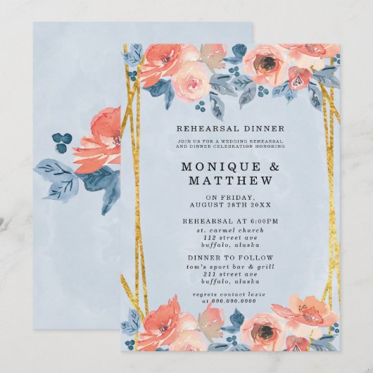 Coral Dusty Blue Gold Peony Rehearsal Dinner Kaart (Voorkant / Achterkant)