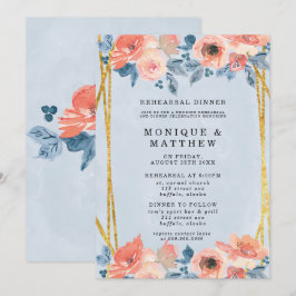 Coral Dusty Blue Gold Peony Rehearsal Dinner Kaart