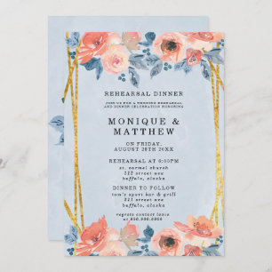 Coral Dusty Blue Gold Peony Rehearsal Dinner Kaart