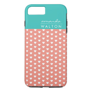 Coral en Aqua Hearts Patroon Aangepaste naam iPhone 8/7 Plus Hoesje