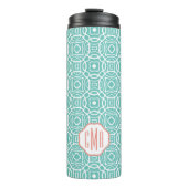 Coral en Aqua Quatrefoil Aangepast monogram Thermosbeker (Voorkant)