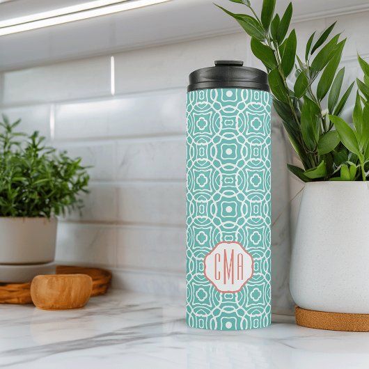 Coral en Aqua Quatrefoil Aangepast monogram Thermosbeker