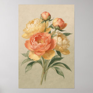 Coral en botercrème Pioenrozen Boeket Bloemen Poster