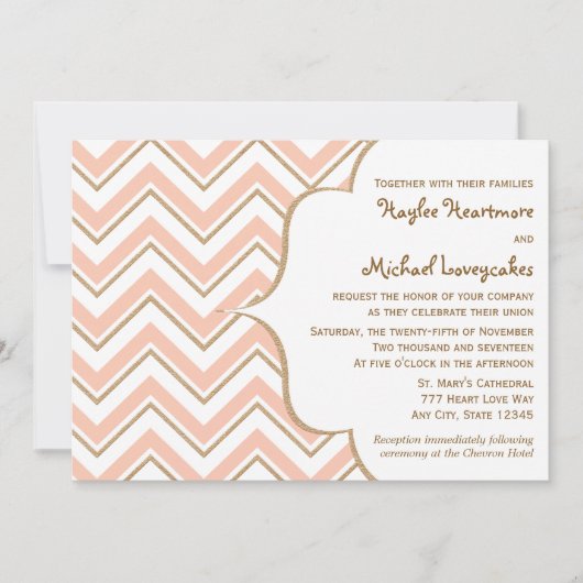 Coral en Gold Chevron Wedding Kaart (Voorkant)