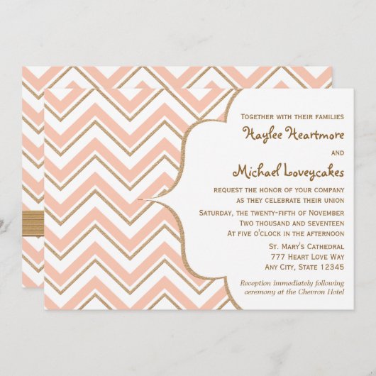 Coral en Gold Chevron Wedding Kaart (Voorkant / Achterkant)