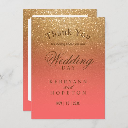 Coral en Gold Glitter - Hartelijk dank Bedankkaart (Voorkant / Achterkant)
