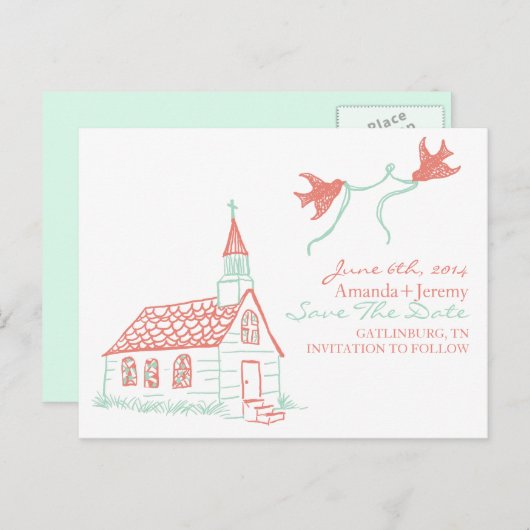 Coral en Mint Chapel Wedding sparen de Datum Aankondigingskaart (Voorkant / Achterkant)