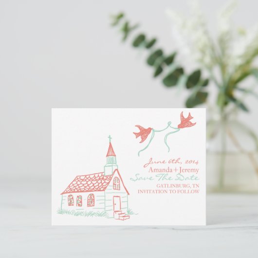 Coral en Mint Chapel Wedding sparen de Datum Aankondigingskaart (Staand voorkant)