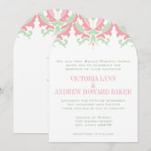 Coral en Mint Damask Wedding Invitation Kaart (Voorkant / Achterkant)