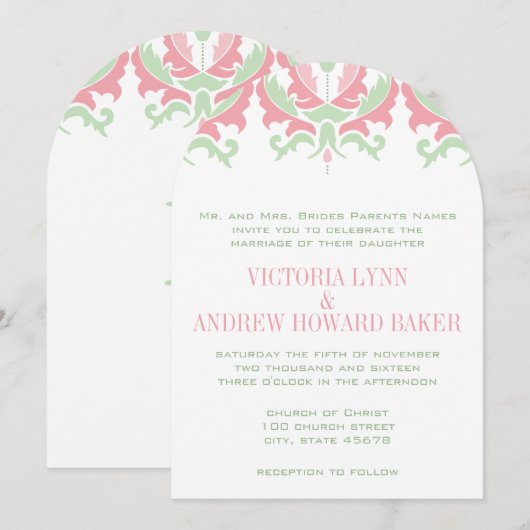 Coral en Mint Damask Wedding Invitation Kaart (Voorkant / Achterkant)