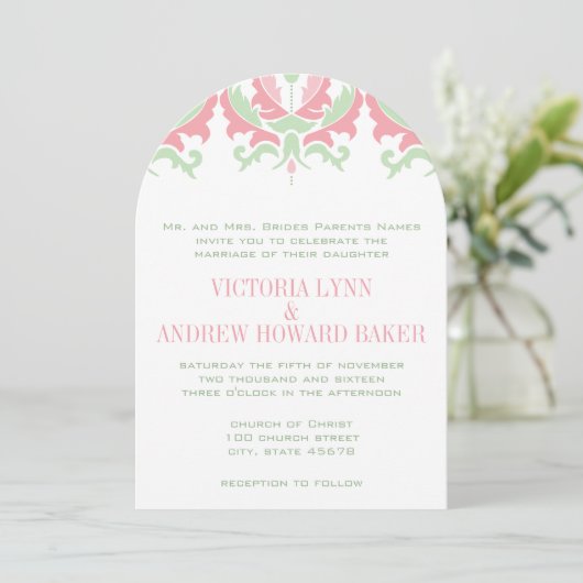 Coral en Mint Damask Wedding Invitation Kaart (Staand voorkant)