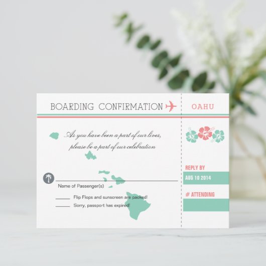 Coral en Mint OAHU Wedding RSVP Boarding Pass (Staand voorkant)