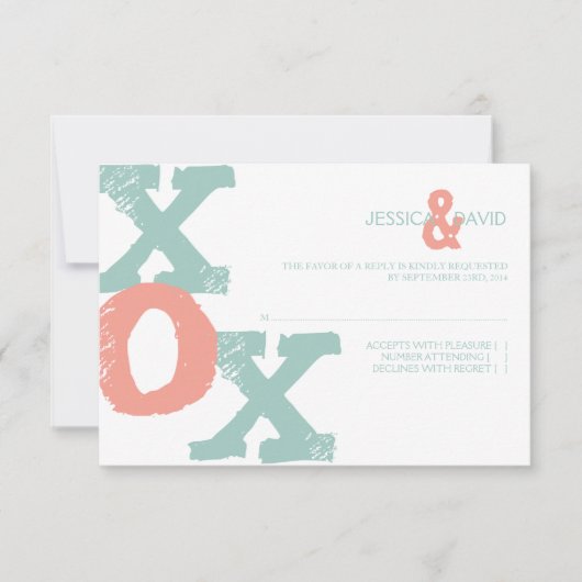 Coral en Mint XOX Wedding RSVP Kaartje (Voorkant)