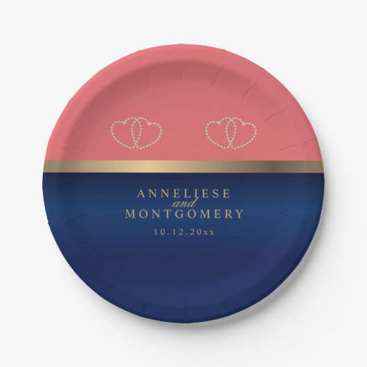 Coral en Navy Blue met gouden harten Papieren Bordje (Voorkant)