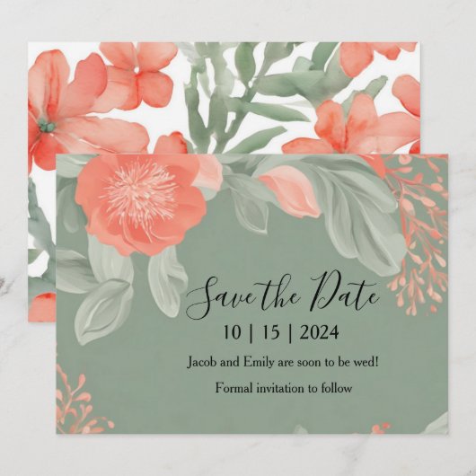 Coral en Salie - Romantische Save the Date Kaart (Voorkant / Achterkant)