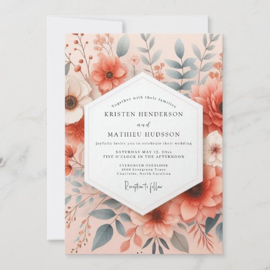 Coral Ethereal Bloom Wedding Kaart (Voorkant)