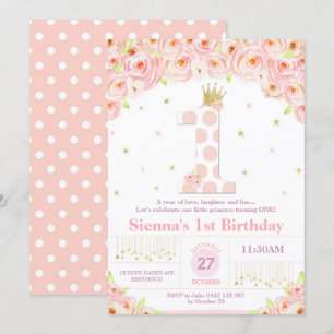 Coral Floral 1st Birthday Princess Invitation Girl Kaart