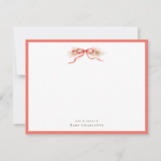 Coral Floral Bow Nursery Note Card – Personalized Notitiekaartje (Voorkant)