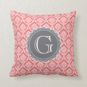 Coral Floral Damask Pattern Gray Monogram Kussen
