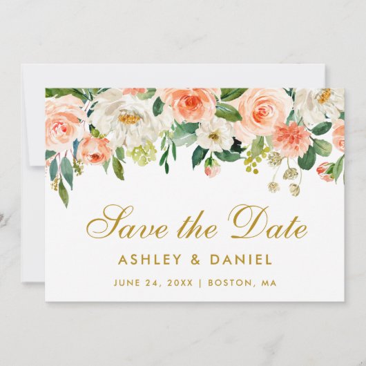 Coral Floral Gold Save the Date Kaart (Voorkant)