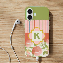 Coral Floral Monogram iPhone 16 Hoesje