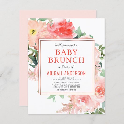 Coral Floral Peach Baby Brunch Invitation (Voorkant / Achterkant)