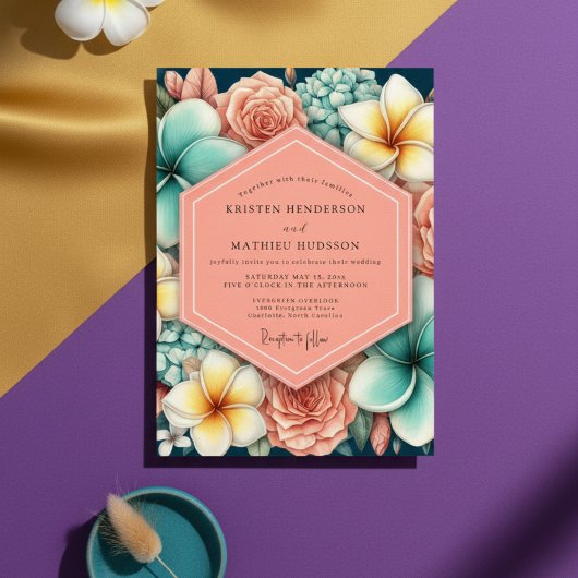 Coral Floral Romance Wedding Kaart