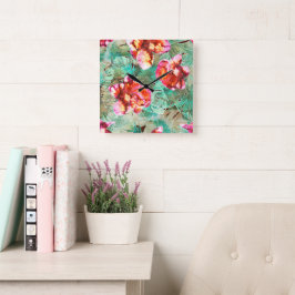Coral Floral Teal - Boho Vintage Kussen Vierkante Klok