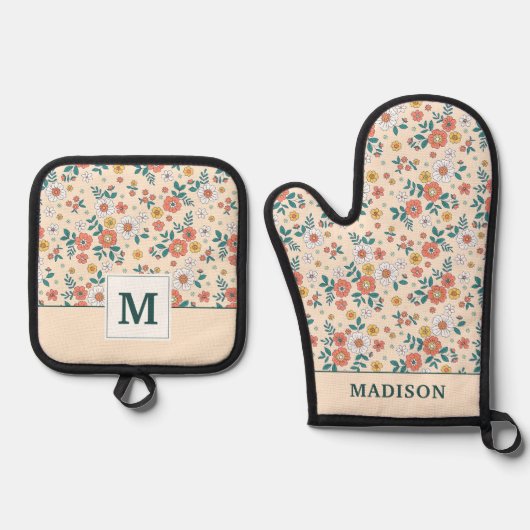 Coral Flower Garden Pattern Ovenwant & Pannenlap Set (Voorkant)