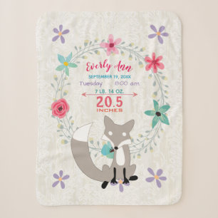 Coral Fox Baby Girl Stats Watercolor Krans Sherpa Deken